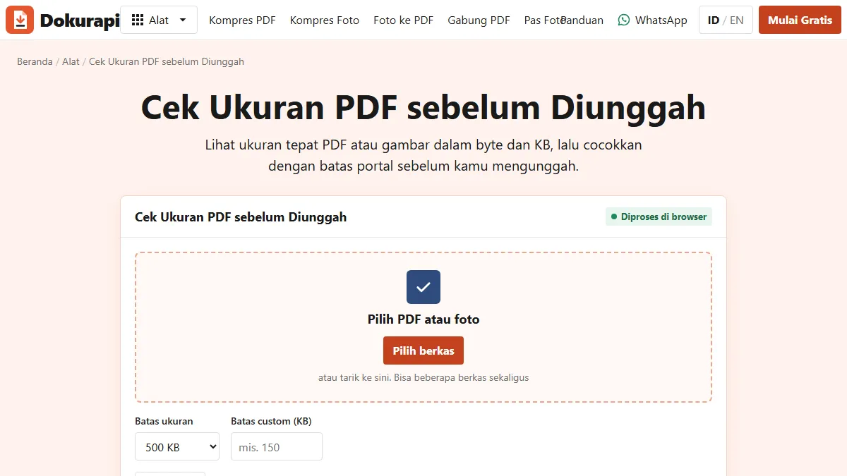 Screenshot of the Check PDF Size tool tool on Dokurapi
