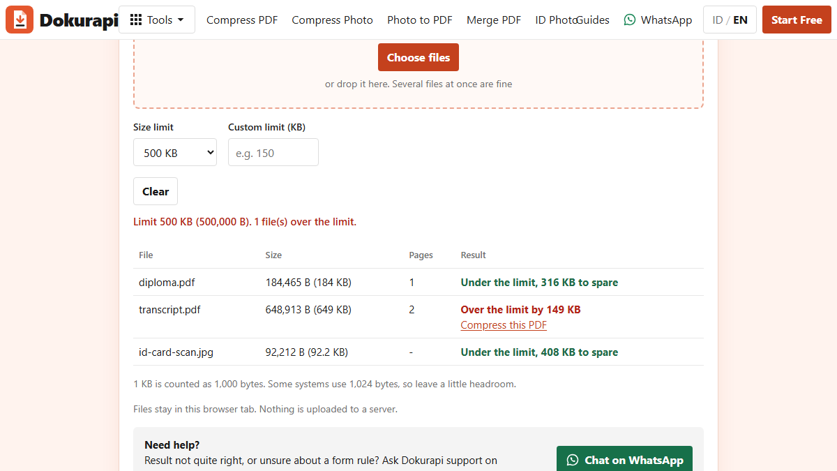 Dokurapi Check PDF Size tool listing three sample files with exact bytes, page counts, and an over-the-limit warning