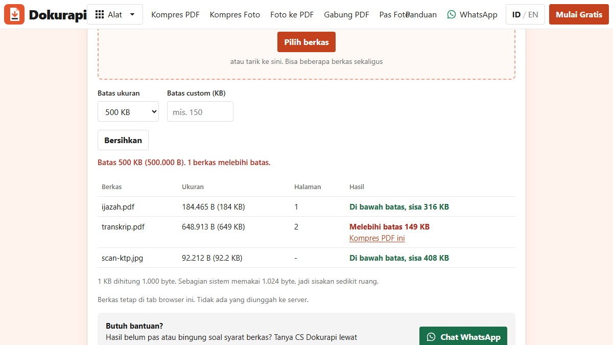 Alat Cek Ukuran PDF Dokurapi menampilkan tiga berkas contoh lengkap dengan byte persis, jumlah halaman, dan peringatan melebihi batas