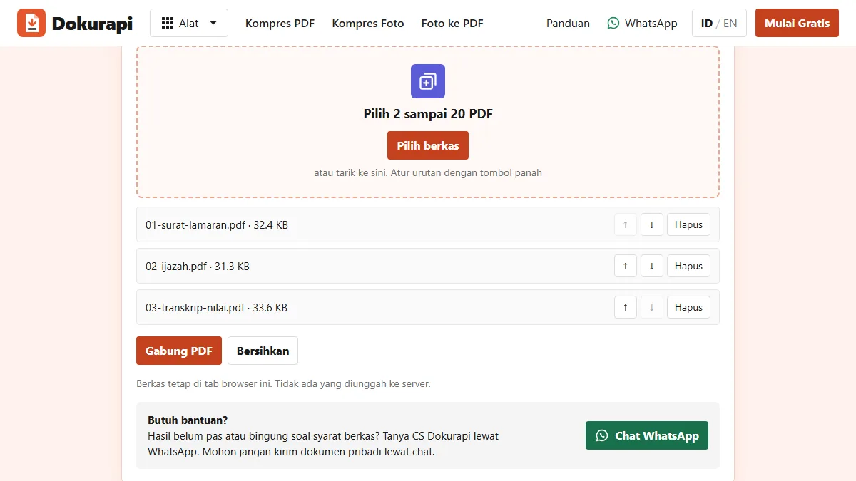 Screenshot of the Merge PDF tool tool on Dokurapi