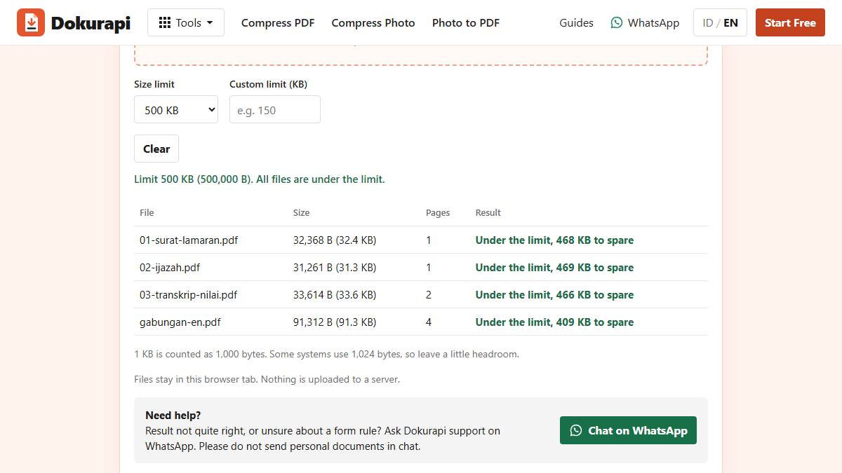 Dokurapi Check PDF Size tool listing three sample source files with 1, 1, and 2 pages and the merged file with 4 pages, all under a 500 KB limit