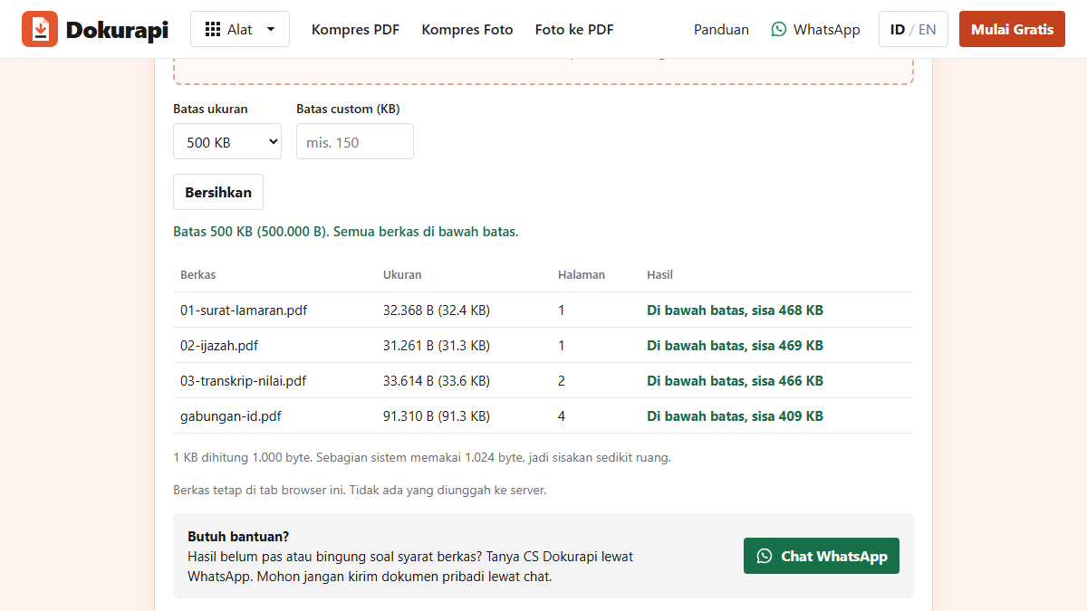 Alat Cek Ukuran PDF Dokurapi menampilkan tiga berkas sumber contoh berisi 1, 1, dan 2 halaman serta berkas gabungan berisi 4 halaman, semuanya di bawah batas 500 KB