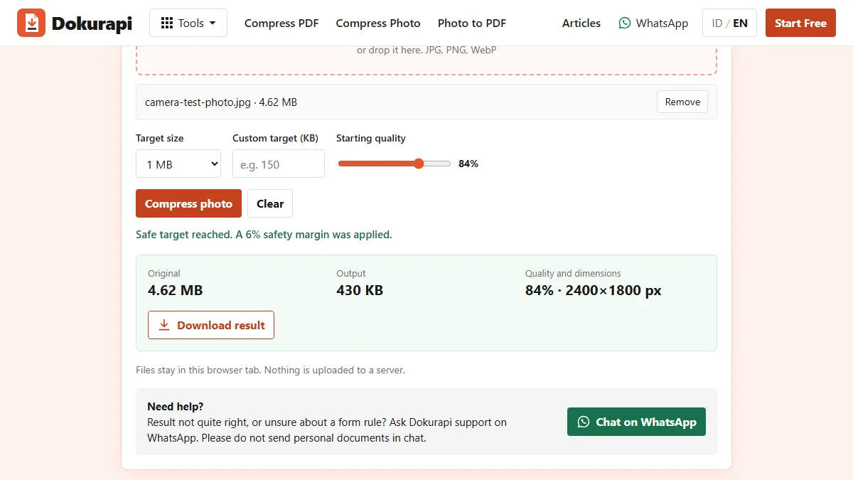 Screenshot of the Compress Photo to 1 MB tool tool on Dokurapi