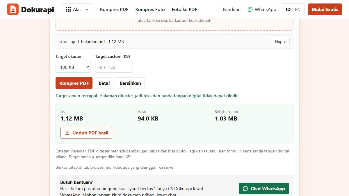 Screenshot of the Compress PDF to 100 KB tool tool on Dokurapi
