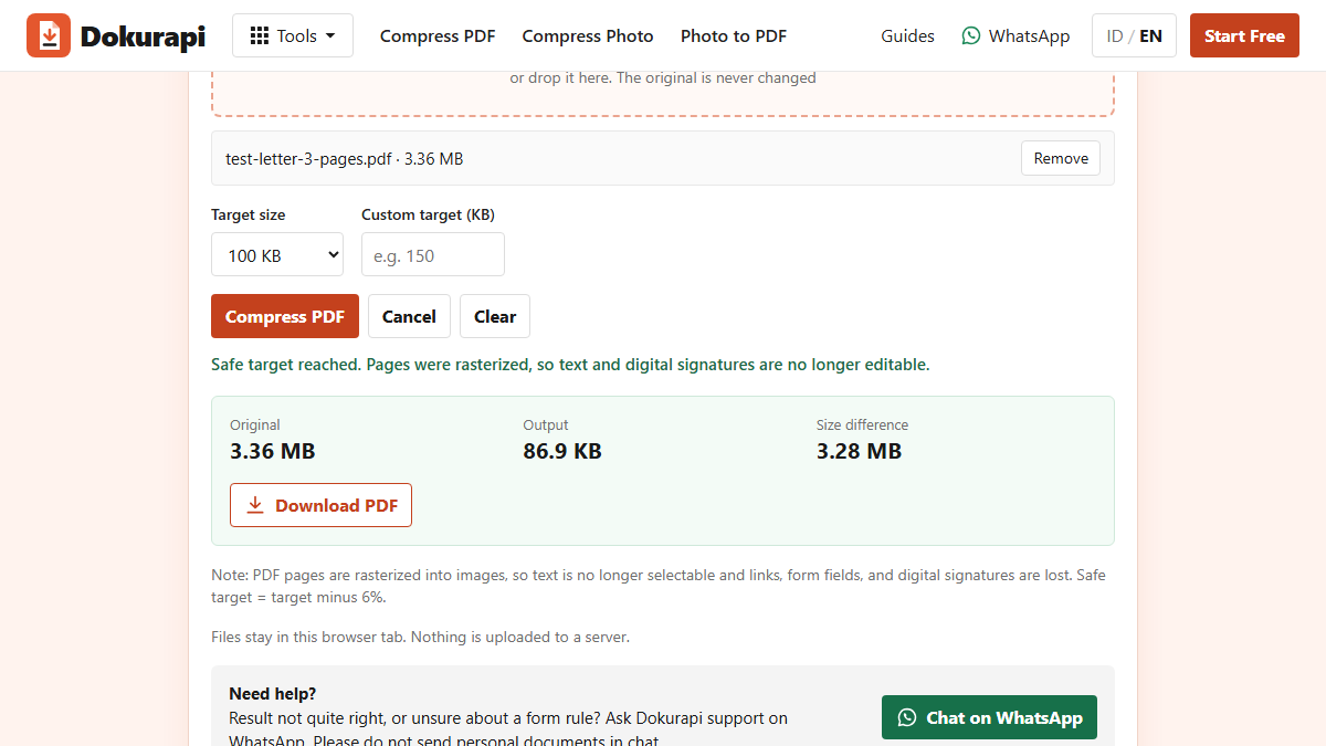 Dokurapi Compress PDF to 100 KB tool showing the three-page test letter reduced from 3.36 MB to 86.9 KB with the message that the safe target was reached
