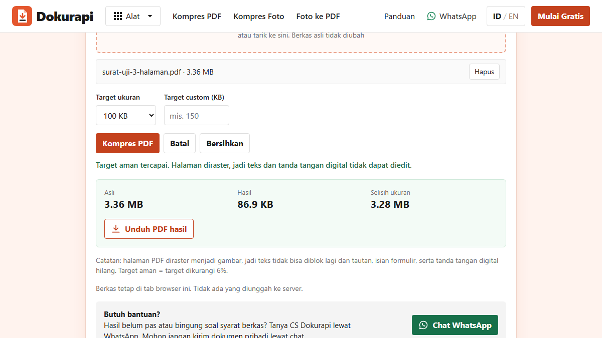 Alat Kompres PDF ke 100 KB Dokurapi menampilkan surat uji 3 halaman yang turun dari 3,36 MB menjadi 86,9 KB dengan pesan target aman tercapai