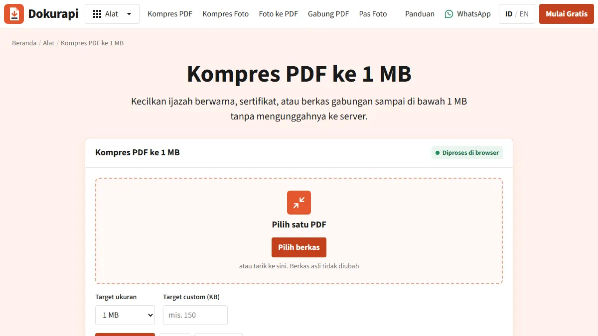 Screenshot of the related tool: Compress PDF to 1MB Without Uploading Your File