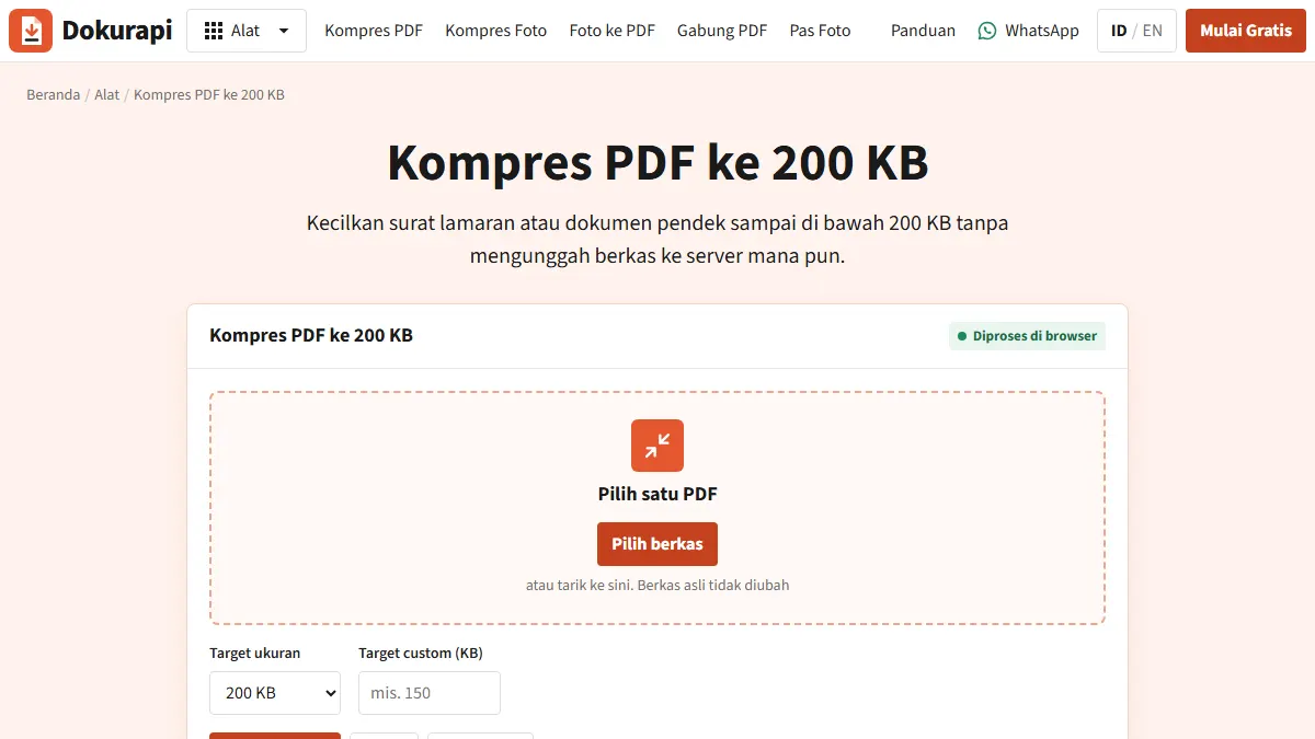 Screenshot of the related tool: Compress PDF to 200KB: A Safe Way Under Upload Limits