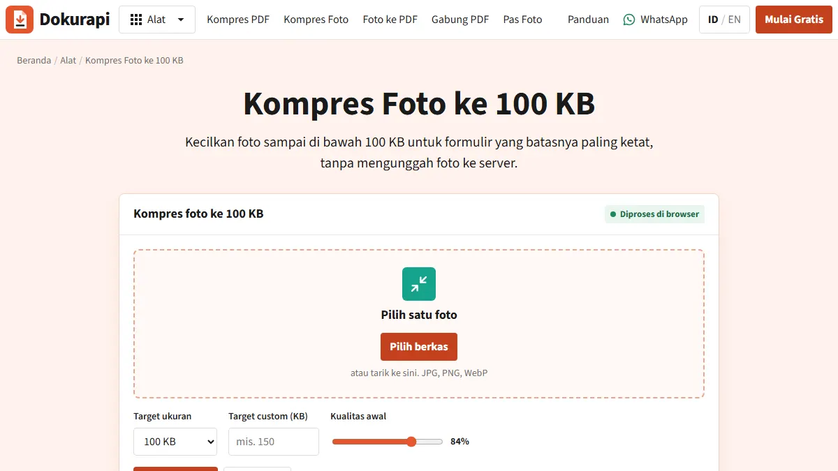Tangkapan layar alat terkait: Kompres Foto 100KB: Cara Aman, Tetap Tajam, dan Tanpa Upload