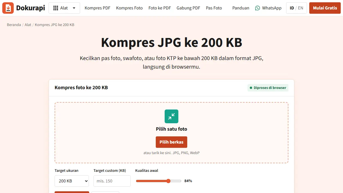 Tangkapan layar alat terkait: Kompres JPG 200KB untuk Pas Foto, Swafoto, dan Scan KTP