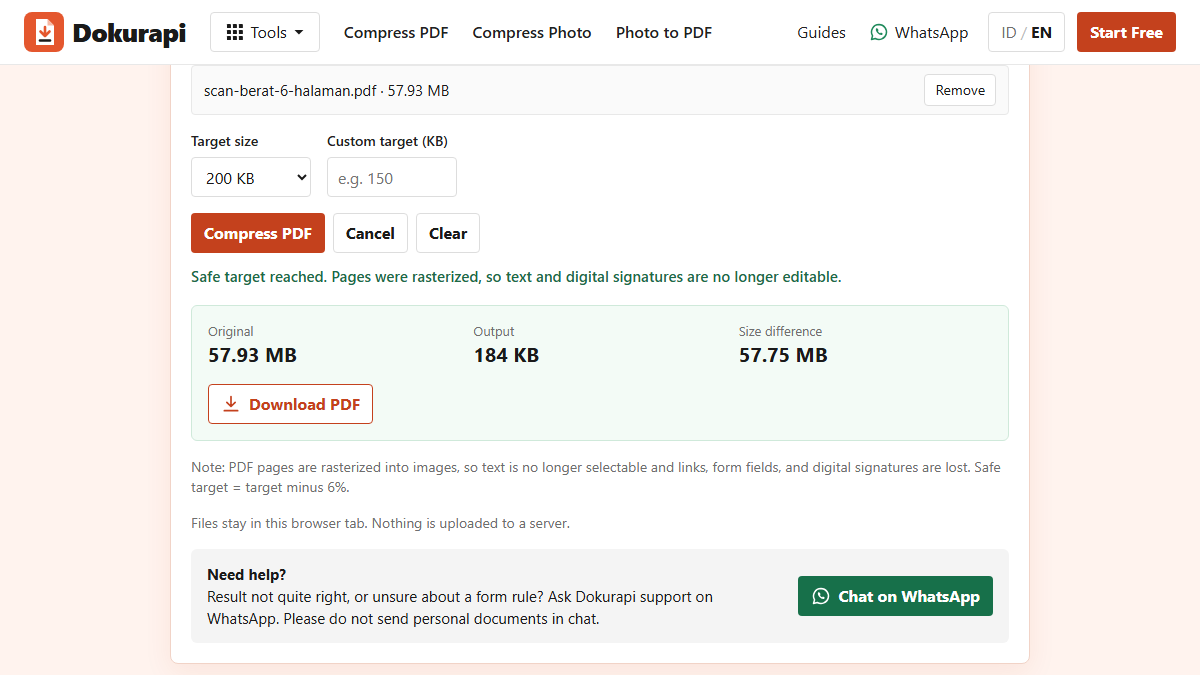 Dokurapi Compress PDF to 200 KB tool showing the six-page test file reduced from 57.93 MB to 184 KB with the message that the safe target was reached