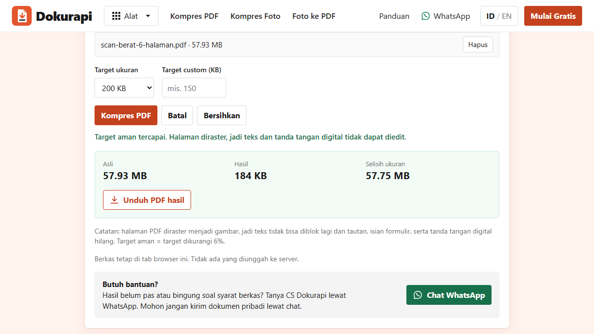 Alat Kompres PDF ke 200 KB Dokurapi menampilkan berkas uji enam halaman yang mengecil dari 57,93 MB menjadi 184 KB dengan pesan target aman tercapai
