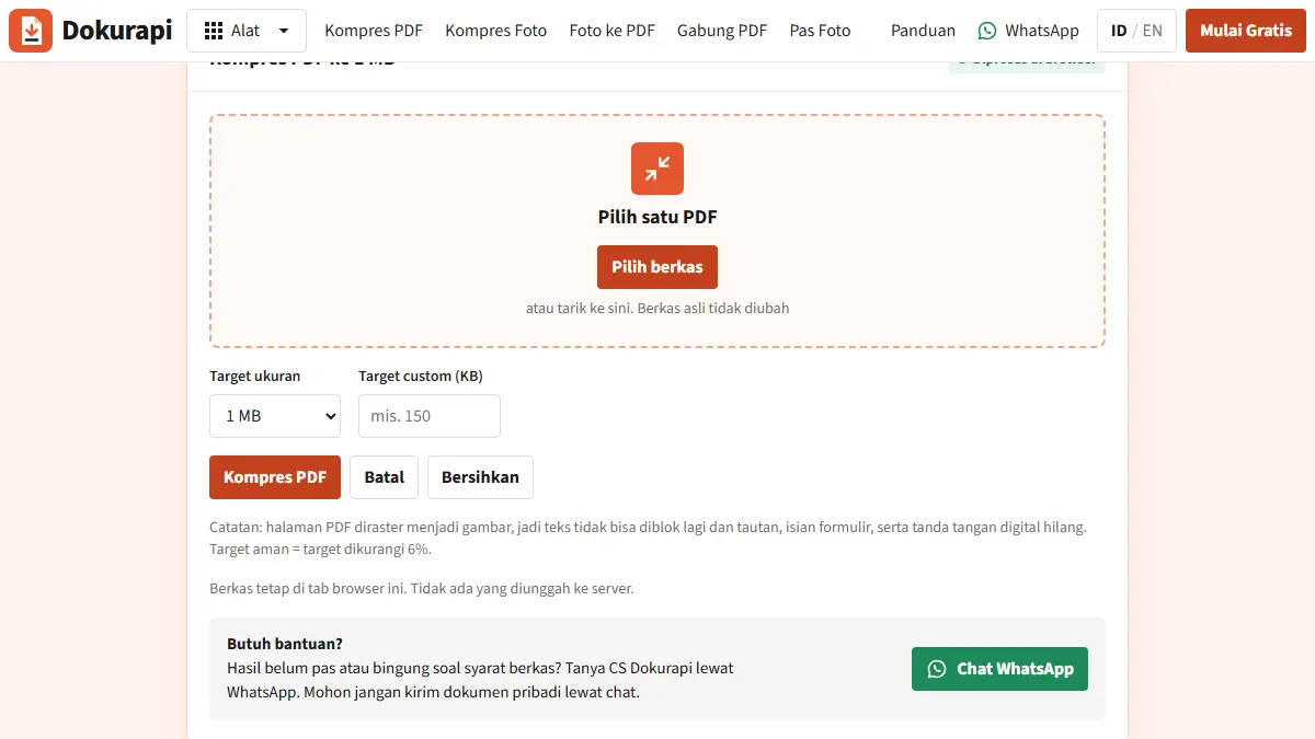 Screenshot of the Compress PDF to 1 MB tool tool on Dokurapi