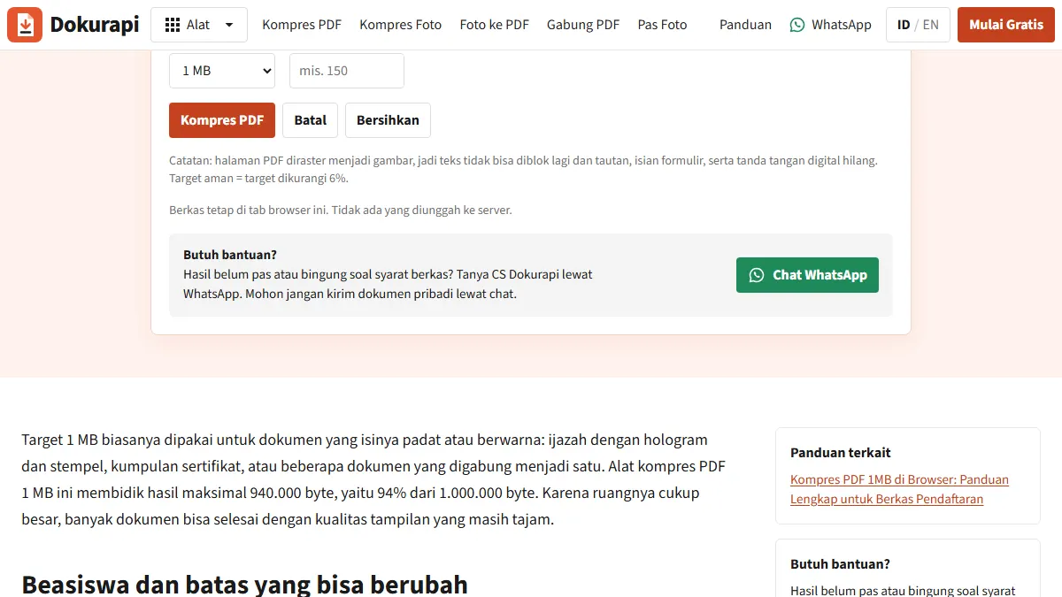Screenshot of the Compress PDF to 1 MB tool tool on Dokurapi